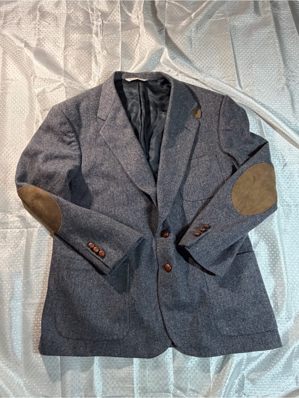 Stafford Mens Blazer 46R all wool Blue Grey Suede Elbow Patch Sport Coat Preppy